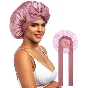 AWAYTR Women's Pink Nightcap Elastic Shower Cap Satin Sleeping Hat With Tie Band Double Layered Hair Care Hat Headwrap Adjustable