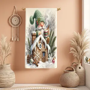 1Pc Christmas Style Gnome Sitting on Gingerbread House with Drink Bathroom Hand Towel Bath Towel, Multiple Size Microfiber Towel, Ultra-Soft Quick Dry and Absorbent Polyester Large Bath Towel, Kitchen Towels, Festiv