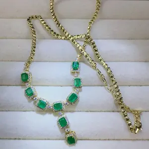 <PingEast Jewelry>Emerald necklace--925 Sterling Silver Gold-Tone Luxury Necklace set with 9 natural 0.75ct emerald-cut strong-fluorescence eye-clean Colombian emeralds. Simple, elegant, and delicately refined — a timeless piece that pairs effortlessly wi