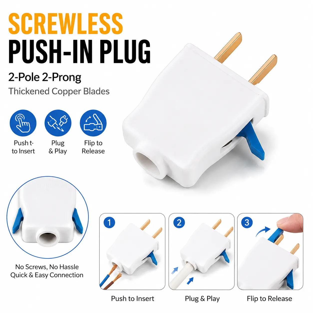 New type of quick-connect plug, two-prong 10A household two-way pure copper, drop-resistant, flame-retardant, two-prong power plug