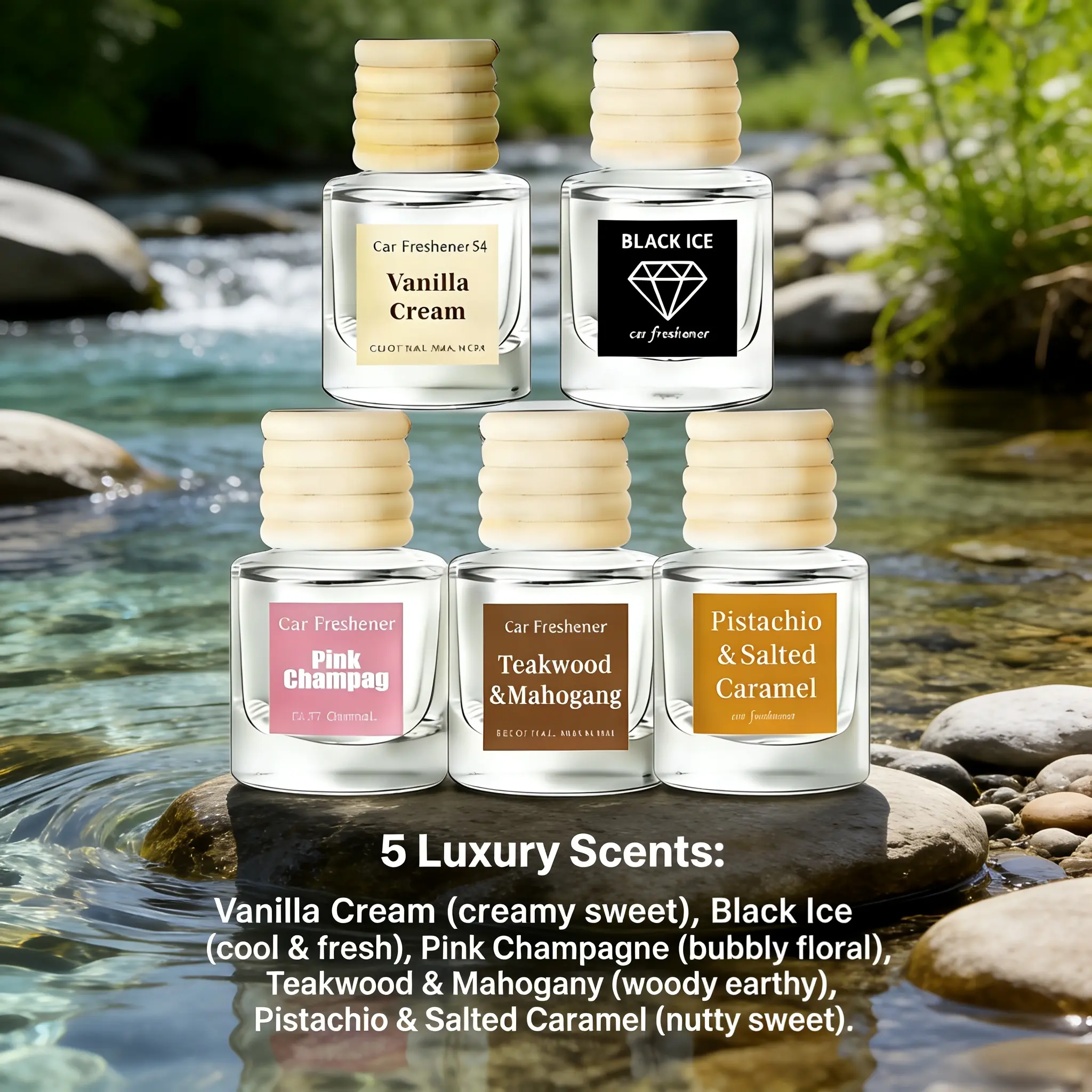 Car Perfume Air Freshener 4 Luxury Scents Vanilla Cream Black Ice Pink Champagne Teakwood Mahogany Pistachio Salted Caramel Long Lasting 60 Days