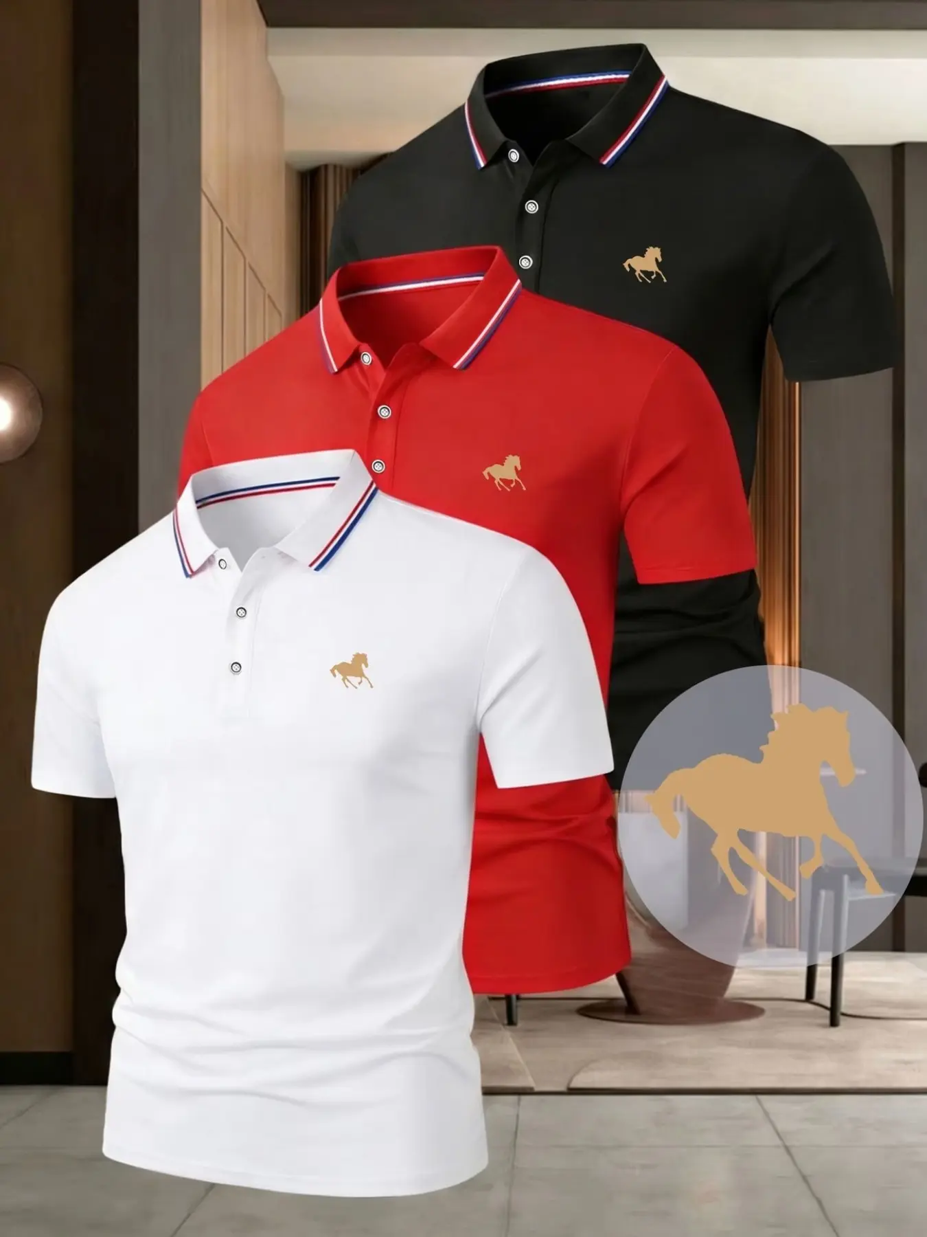 3-Pack Horse Print Short Sleeve Casual Shirts, Breathable Golf T-Shirts for Summer, Business Wear, Vacation, Camping, Golf Polo Shirt, Golfing T Shirt, Golf Clothing