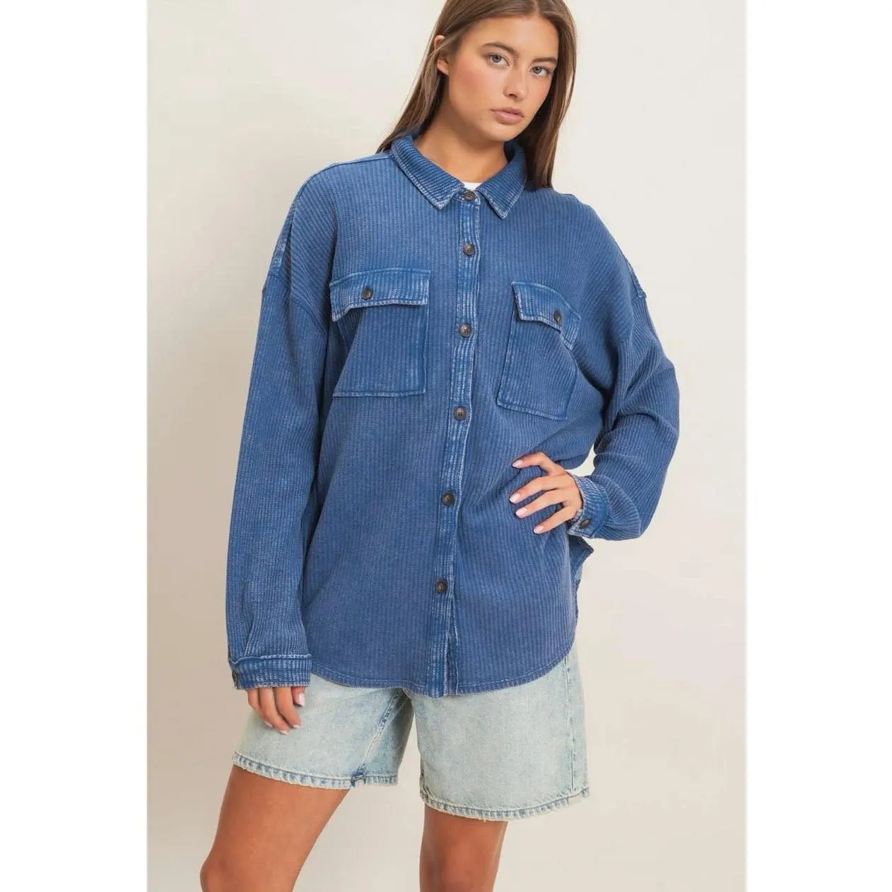 Mineral wash waffle knit button up shacket