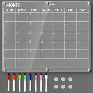 Acrylic Fridge Calendar, Magnetic Monthly Planner with 8 Color Markers, Clear Dry Erase Board for Events/Meetings/Shopping Lists