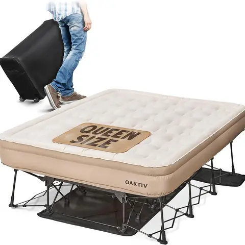 OAKTIV PeakRest Queen Size Air Bed - 660lb Capacity, 5-Year Warranty, Self-Inflating in 3-4 Minutes, Built-in Battery Pump & Frame, Rolling Case - Ultimate Guest Room & Camping Solution