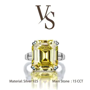 [Venus Jewelry] Lab Created Gemstone 15 CCT Emerald Cut Luxury Triple Stone Solid Silver 925 Sterling Ring