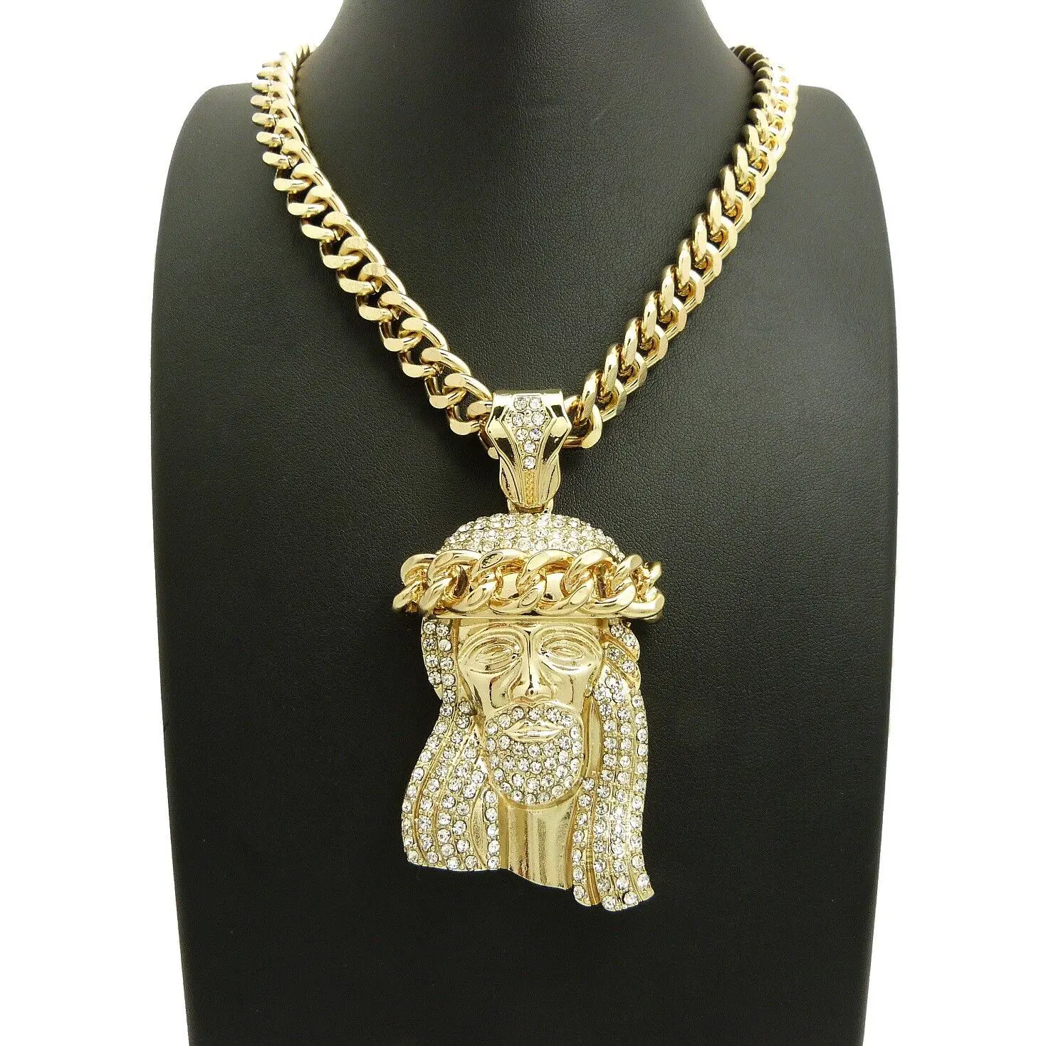 MaxBling81 Gold Plated Large Jesus Christ Head Religious Pendant Necklace with 10mm Cuban Link Chain, 18"-30" Multi-Size, Hip Hop Style Cubic Zirconia Statement Chain Jewelry Accessory, Cubic Zirconia Necklaces, Statement Necklaces