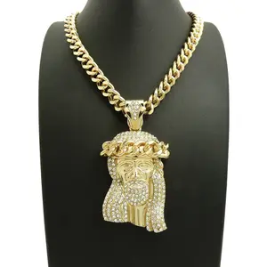 Gold Plated Large Jesus Christ Head Religious Pendant & 10mm 18" 20" 24" 30" Cuban Chain Necklace Jewelry Hip Hop Style