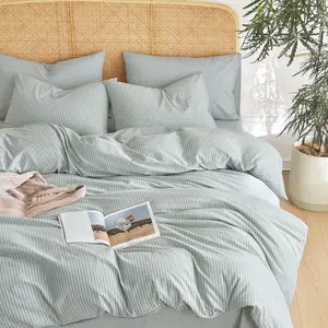 - Striped  Duvet Cover Set,  Washed  Textured Percale Beddg Set, Tickg Stripe Pstripe Farmhouse, 3 count, Greyish Blue,  Size
