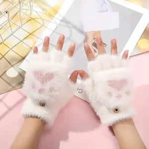 Women's Soft Plush Cat Paw Convertible Gloves, Warm Fingerless Design, Cute Winter Accessories, Perfect Christmas Gift for Girls, Mittens
