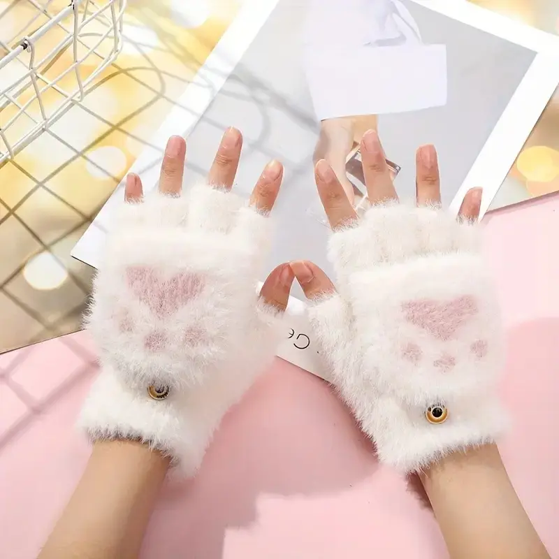Women's Soft Plush Cat Paw Convertible Gloves, Warm Fingerless Design, Cute Winter Accessories, Perfect Christmas Gift for Girls, Mittens, Gloves for Cold Weather
