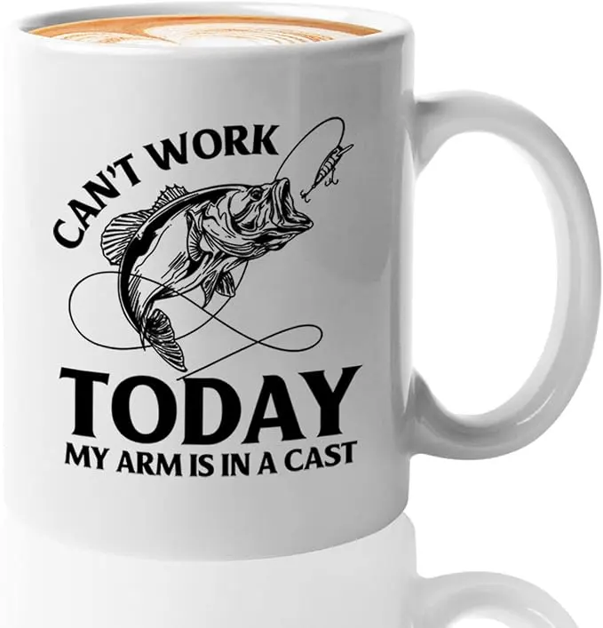 Funny Fishing Coffee Mug, Can't Work Today Ceramic Mug, Fisherman Gift for Dad, River Lake Fishing Lover, Catfish & Arowana Angler Coffee Cup