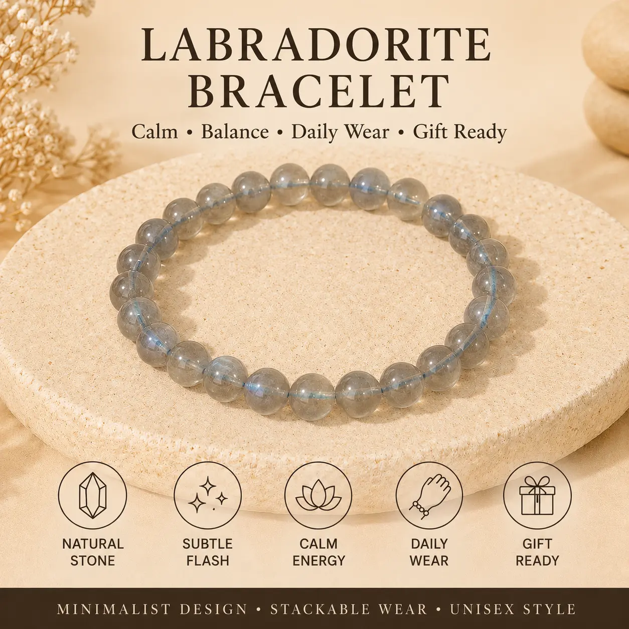Unisex Minimalist 6.5mm Natural Labradorite Crystal Gemstone Bracelet - Translucent Gray Moonstone Beaded Stretch Bangle for Daily Wear, Moonstone Crystals, Easy To Stack, Gift-Ready, Lightweight