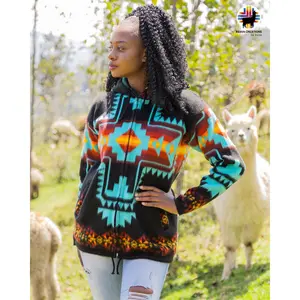 Blue Southwestern Alpaca Wool Jacket.  Unisex. Made in Ecuador. Crafted by Indigenous crafters. Super warm and soft.