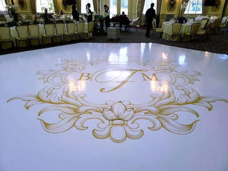 Complete Custom Decal Dance Floor Wrap Vinyl with Glossy White Finish Printed Monogram Initials Names & Border Trim Removable Decorative Stickers