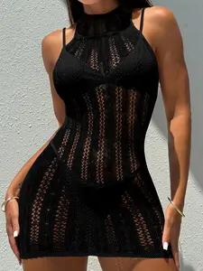 Women's Plain Hollow Out Sheer Bodycon Knit Cover Up Dress, Sexy Casual Comfy Mock Neck Sleeveless Cover Up Dress for Beach Vacation Holiday, Ladies Summer Swimwear, Swimsuit Cover Up, Beach Cover Ups, Swimsuit Coverup, Swimwear Coverups, Clothing