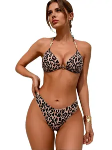 Women's 2-Piece Leopard Print Bikini Set - Shell Accent Halter Top with Adjustable Tie, High-Waist High-Cut Flattering Summer Bathing Suit for Women, Viral Swimwear, Bathing Suits, Swimsuit For Women