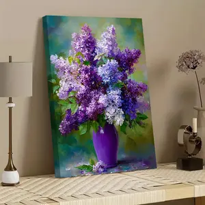 2D Flat Violet Floral Canvas Wall Art - Deep Purple Background Lilac Bouquet Decorative Painting, Framed or Poster Style - Living Room, Bedroom, Office Modern Country Style Home Decor - Perfect Housewarming Gift, Floral Wall Art, Vintage Modern Hanging Pa