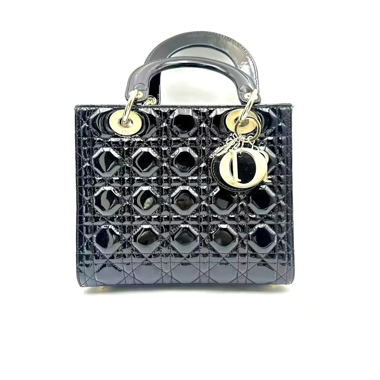 Pre-owned Dior hz9 Black & Gold Patent Leather 5 Compartment Lady Shoulder Bag 71728
