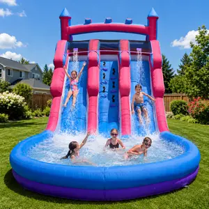 21x12x9FT Giant Pink and Blue Inflatable Water Slide with Double Slides Swimming Pool for Kids Adults Backyard Water Park Summer Splash Party Wet Dry Use