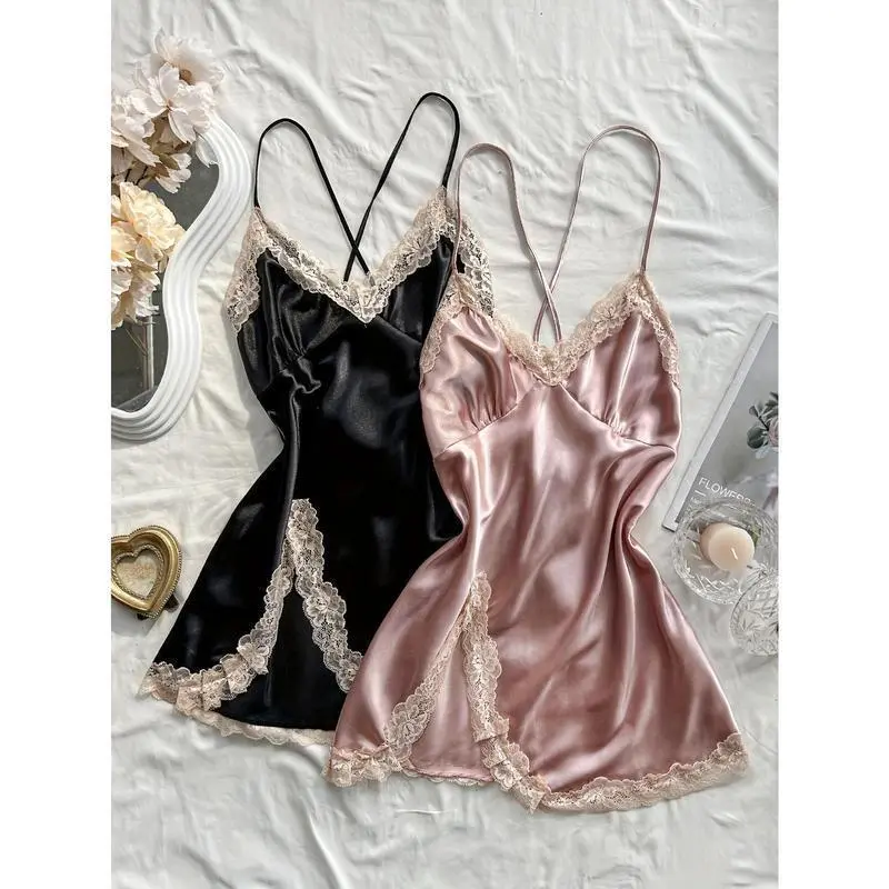 1 Pcs Sexy Silky Lace Trim Sleepwear - V Neck Backless Cross Strappy Split Hem Nightgown Dress, Comfortable 1 Pcs Sexy Silky Lace Trim Sleepwear - V Neck Backless Cross Strappy Split Hem Nightgown Dress, Comfortable