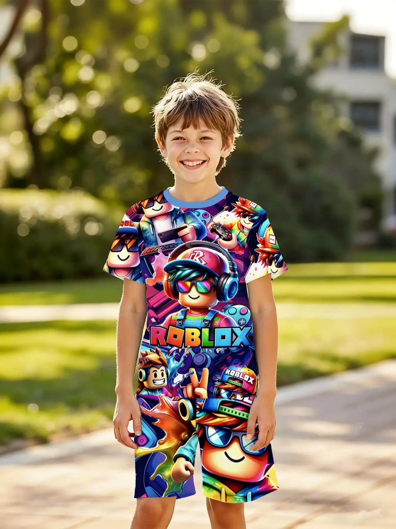 3D Roblox Game Character Full-Print Set, Boys Trendy Two-Piece, Quick-Dry Skin-Friendly Summer Wear, Casual Outdoor Sports Gift, Summer Clothing Set