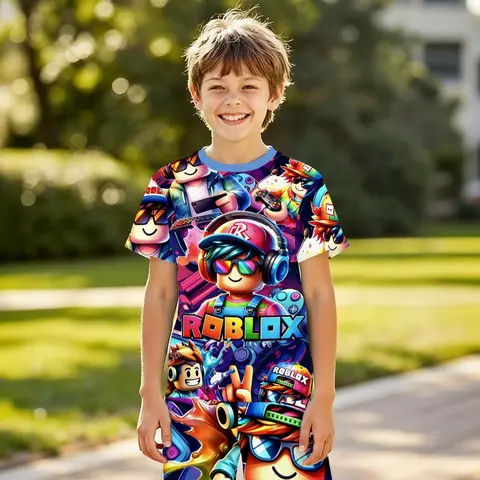 3D Roblox Game Character Full-Print Boys Trendy Two-Piece, Quick-Dry Skin-Friendly Summer Wear, Casual Outdoor Sports Gift, Casual Set Youth