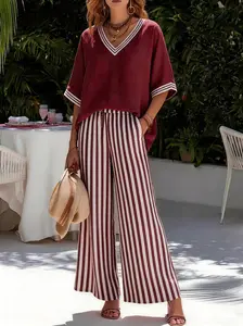 Summer Women V Neck Short Sleeve Top & Striped Wide Leg Pants Two Piece Set Loose Fit Casual Loungewear Comfy Vacation Outfits Trendy Matching Sets