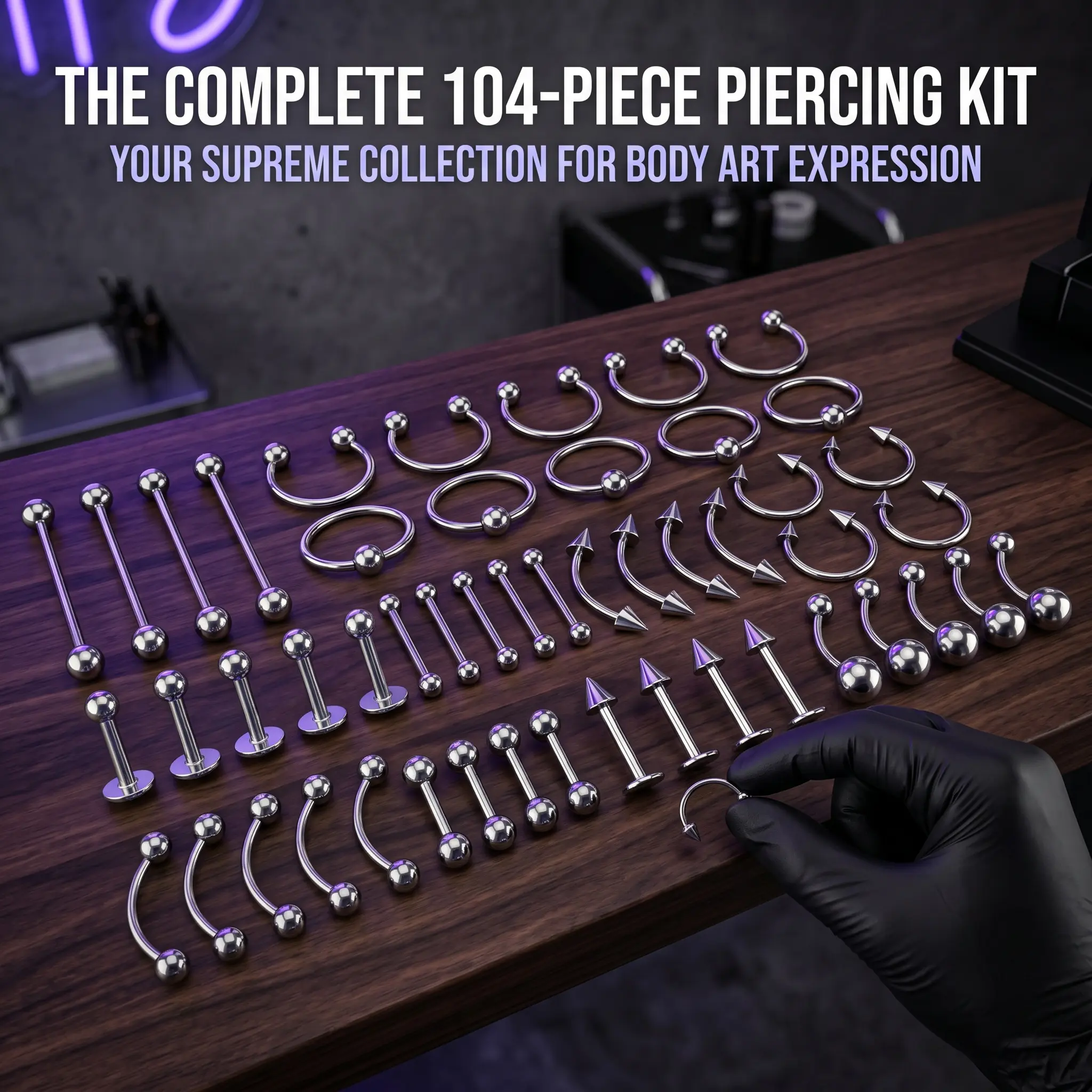 104Pcs Piercing Kit: 12G, 14G, 16G, 20G Needles & 316L Stainless Steel Jewelry for Nose, Belly, Lip, Ear & More