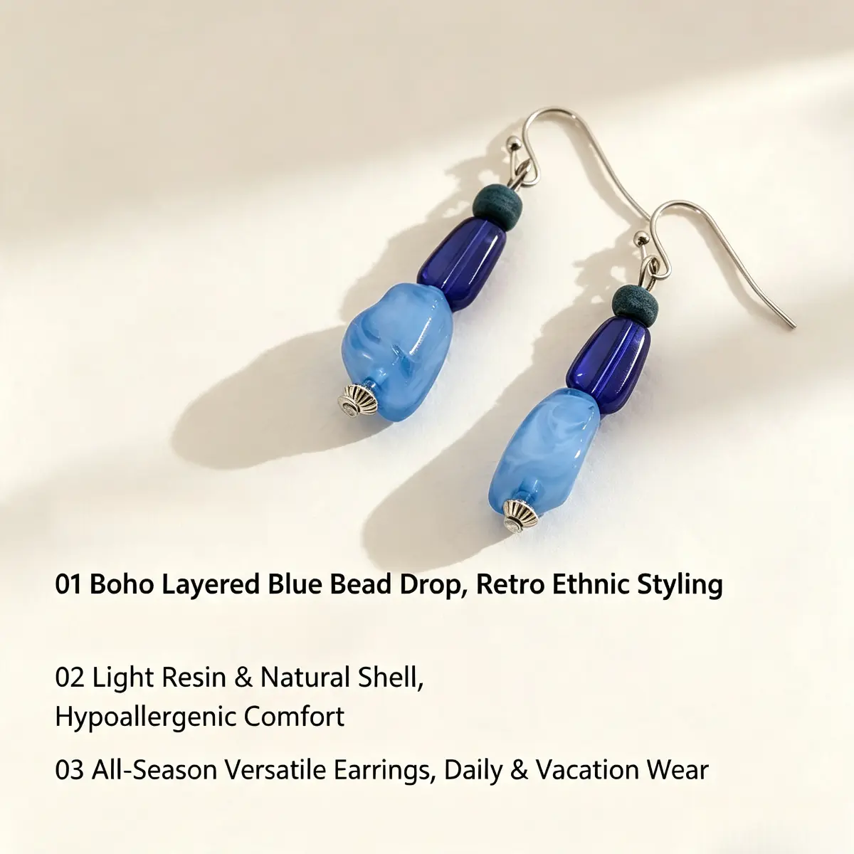 Boho Beaded Drop Earrings with Blue Glass & Coconut Shell, Retro Ethnic Layered Statement Jewelry for Women, 1 Pair, Adults, Boho Layered Beads, Female, Original Design, Resin, All-Day Wear, Bead Accents