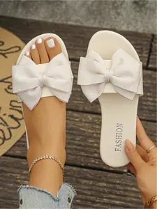 2026 Summer New Bow - decorated Flat Sandals, Multi - color (Green/Brown/Black/Yellow/Red/Orange/White) Square - toe Open - toe Soft - sole Women's Slides, Versatile for Daily Streetwear/Vacation/Home