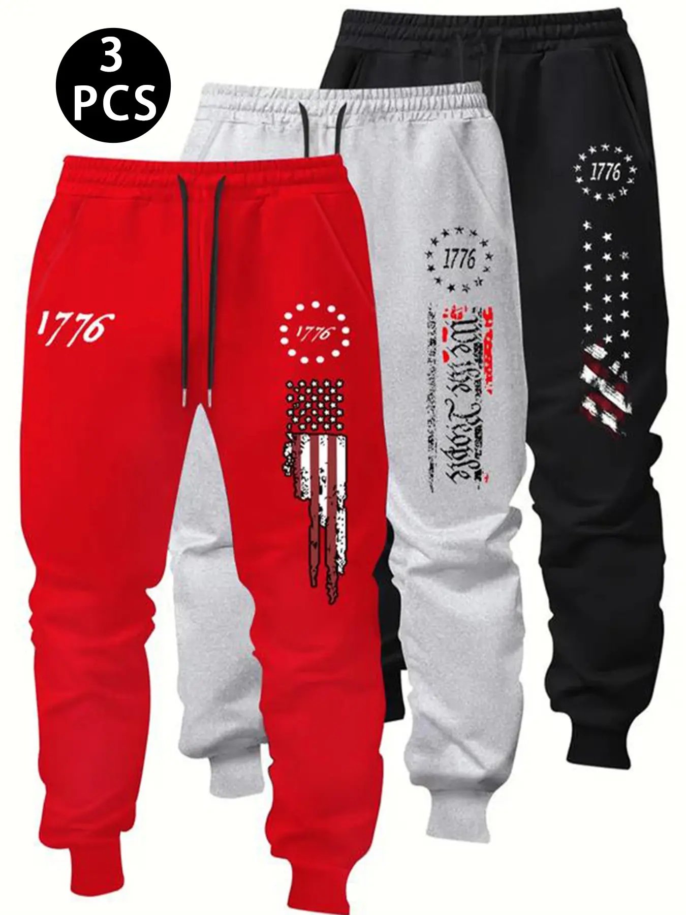 3 Pack Men's Patriotic Joggers - Fleece Lined Tapered Sweatpants with American Flag Graphic, Comfort Streetwear for Workout & Casual Loungewear, Drawstring Waist, Casual Athletic Jogging, Athleisure Pants