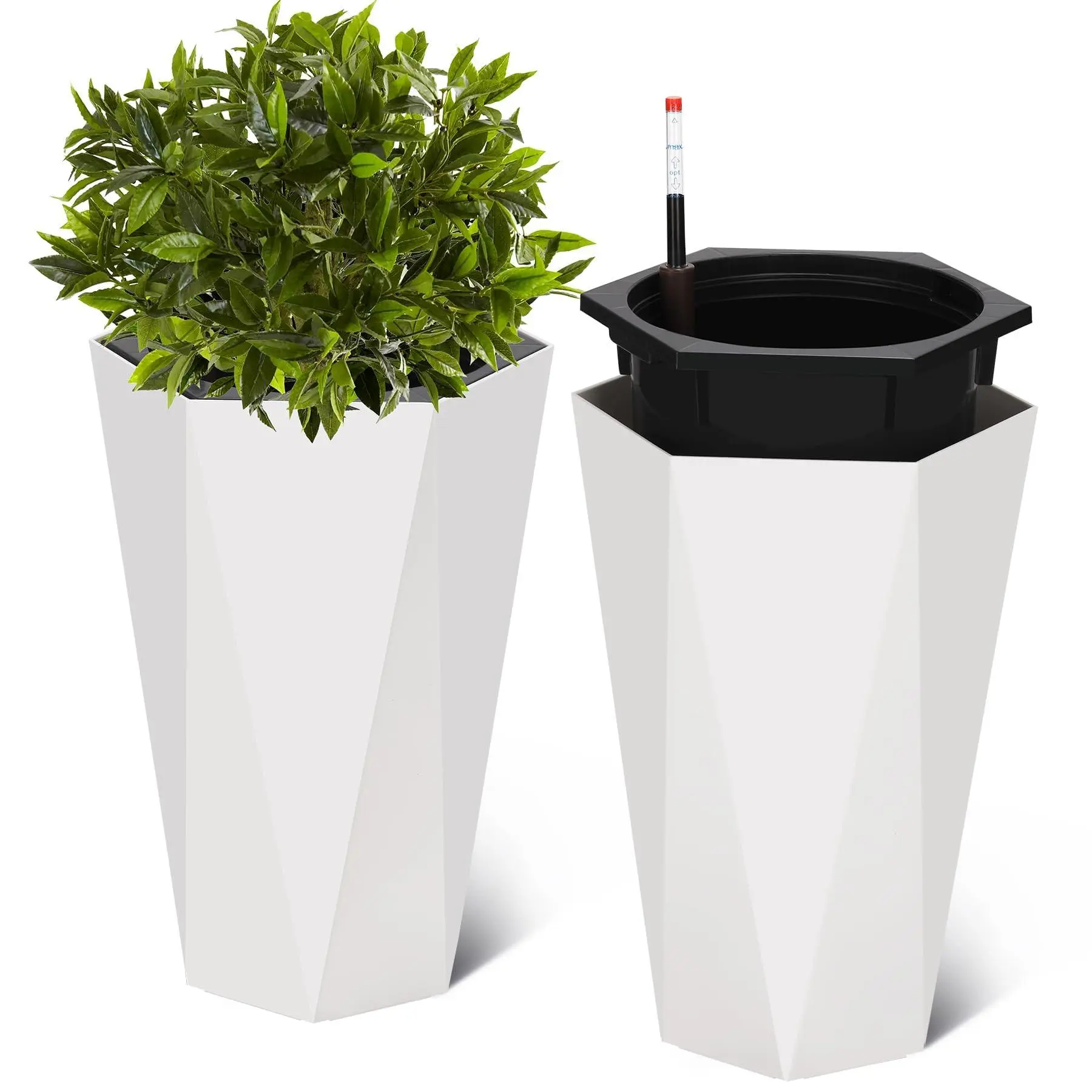 22.5" Tall Diamond Planters Set of 2, Self-Watering Flower Pots with Water Level Monitor & Wheels, Large Outdoor Indoor Plant Containers for Patio, Porch, Living Room, Home Office - White