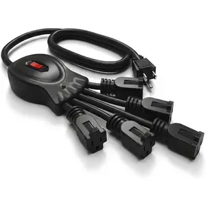 5 Outlet Multiplier Cord 3 Ft 125V/15A 1875W Power Cord Splitter 14/3 AWG Cable Extension Cord 3 Prong AC Black Power with Circuit Breaker for Monitor Computer TV Laptop