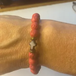 Homemade Orange Lava Rock Bracelet with Black Crucifix and Copper Spacers