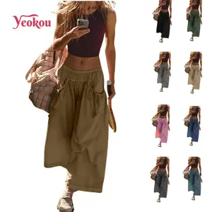 Yeokou Women's Loose Wide Leg Track Pants Boho Sport Style Drawstring Pockets Elastic Waist Capri Hiking Parachute Pants Womenswear Casual
