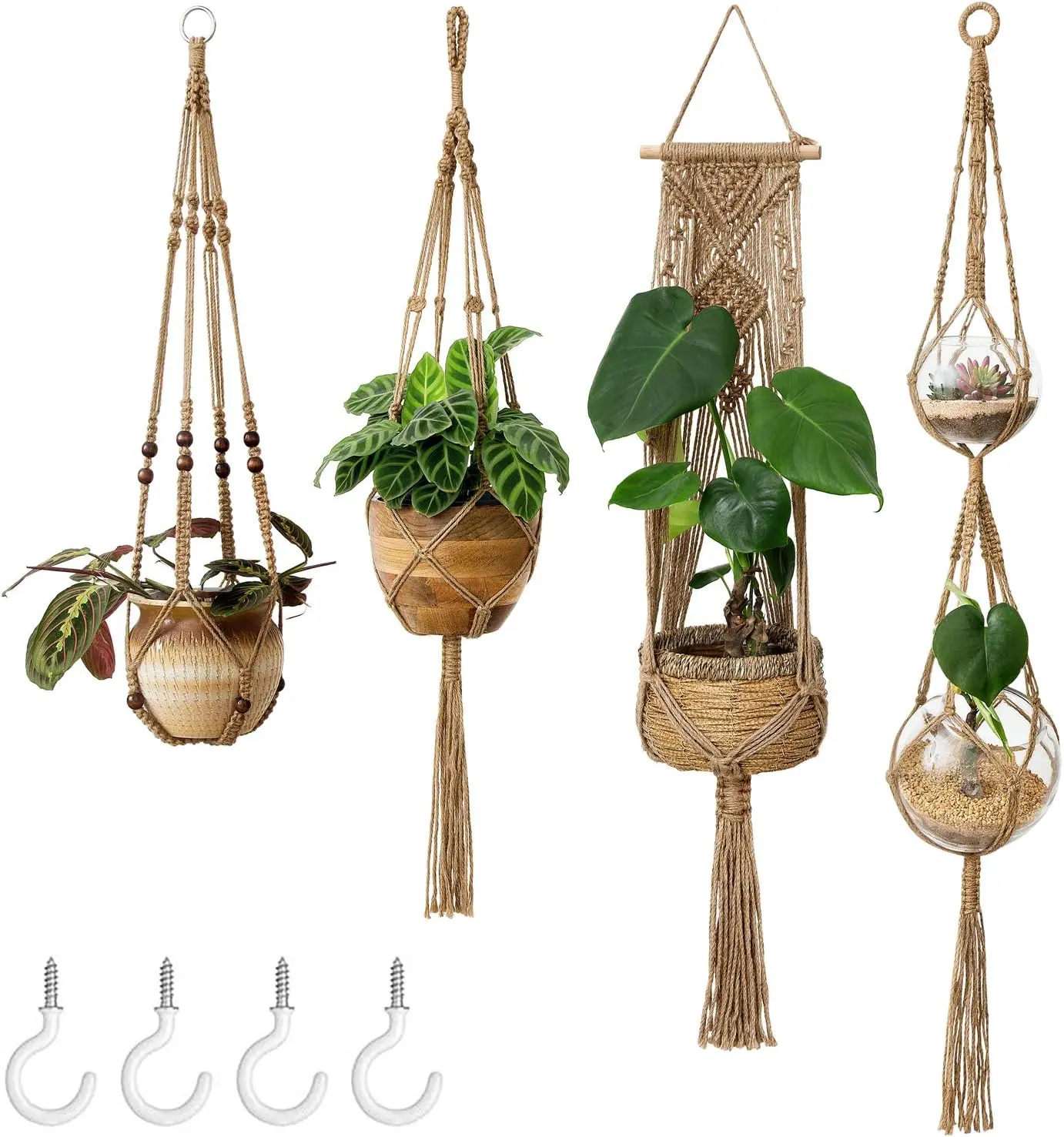 Macrame  Hangers Set of 4 Indoor Hanging Planter Basket Wall Decorative Flower Pot Holder with 4 Hooks for Indoor Outdoor Home Decor  Box, Brown