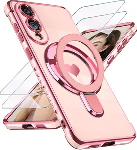 for  Galaxy S25 Edge Case with Glass Screen Protector: Luxury Plated  Edge Love Heart  Kickstand Case,Soft TPU Shockproof Full Camera Protection Phone Case for S25 Edge ()