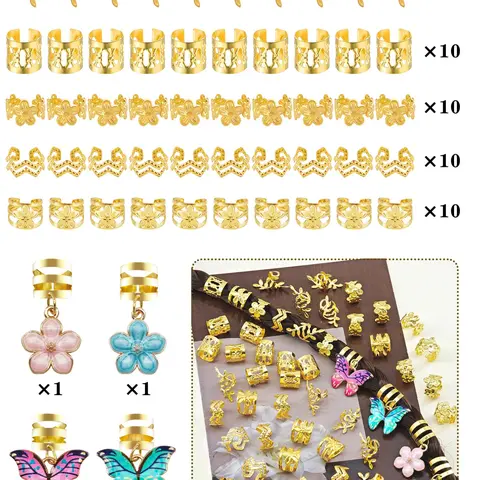 54pcs Hair Rings with Colorful Butterflies & Floral Flowers Shape, Vibrant Design, Butterfly Motif, Multi-Shape Adjustable Alloy Cuffs, Romantic Garden Jewelry for Women, Hair Accessories