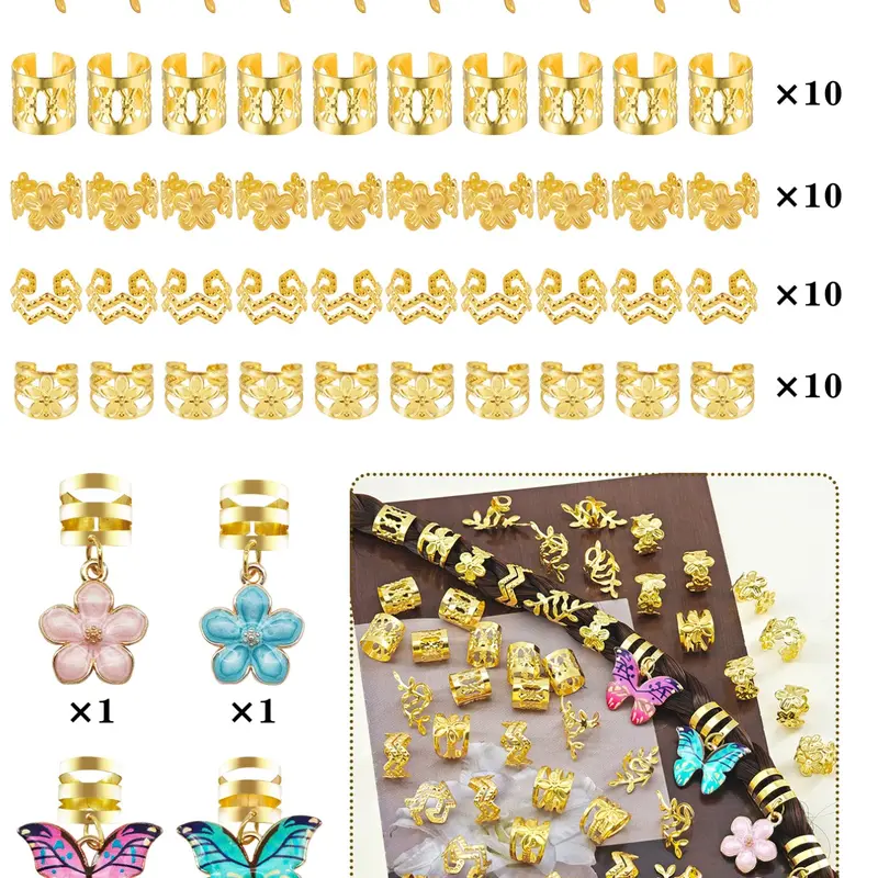 54pcs Hair Rings with Colorful Butterflies & Floral Flowers Shape, Vibrant Design, Butterfly Motif, Multi-Shape Adjustable Alloy Cuffs, Romantic Garden Jewelry for Women, Hair Accessories