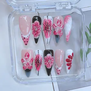 Pink 3D Flowers Fake Nails, Handmade 3D Flower & Hand Drawn Design And Handmade Various Shapes Flowers Decor Almond-Shaped Press On Nails, 10pcs/set Glossy Y2K Style Handmade Press On Nails, For Women & Girls DlY Nail Art, Nail Supplies