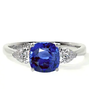 Square Cushion Blue Sapphire Three Stone Ring With Pear Shape Side Diamonds (2.19cttw)- RBS061-7X7-AAA