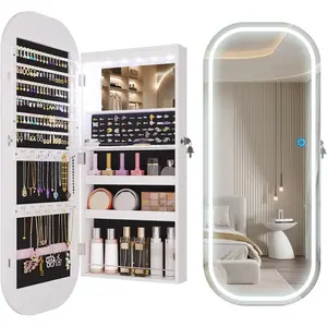 LED Lights Mirror  Cabinet, Wall Mount/Over the Door  Armoire Organizer, 42" Full Length Mirror with Storage, Built-in Makeup Mirror, Lockable Mirror Cabinet for , White