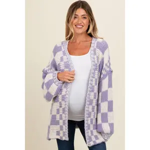 Casual Cardigan Sweater For Women Fall  Long Sleeve Open Front Chunky Knit Sweaters Checkered Outwear Coat