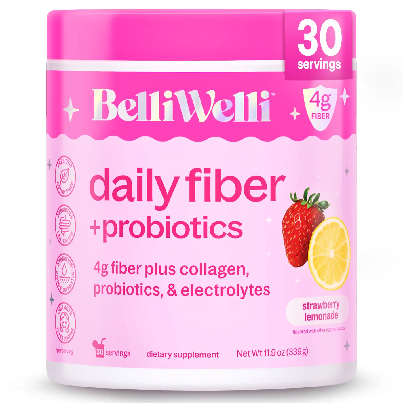 BelliWelli Daily Fiber + Probiotics - Strawberry Lemonade - 30 day