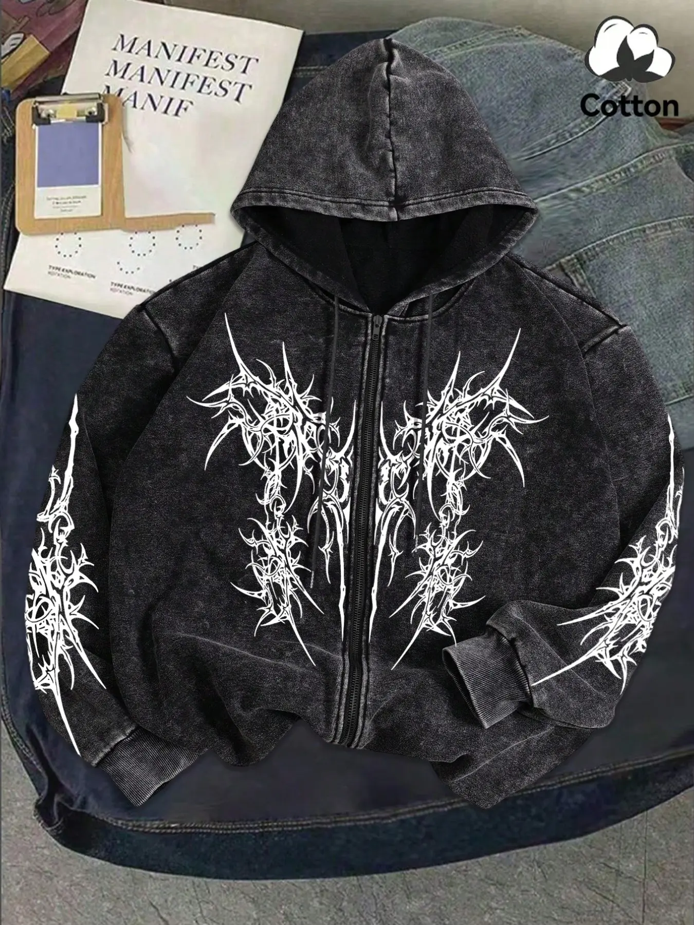 Men's Cotton Zipper Hoodie, Everyday Zip Up, Gothic Thorn Graphic Pattern Print, Loose Fit Casual Long Sleeve Sweatshirt, Casual Sweatshirts, Fashionable Spring & Fall Top