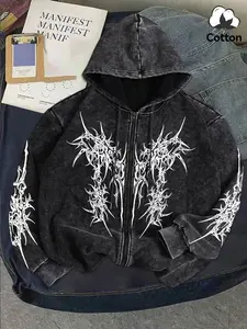 Men's Cotton Zipper Hoodie, Gothic Thorn Graphic Pattern Print, Loose Fit Casual Long Sleeve Sweatshirt, Casual Sweatshirts, Fashionable Spring & Fall Top