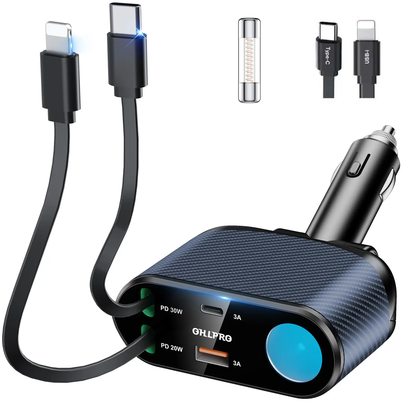 OHLPRO Adjustable Vehicle Charger Socket Adapter, 168W 5-in-1 Fast Mobile Phone Charging with Replaceable Fuse, Socket Distributor with  C and  Type-i Cables, Suitable for Mobile Phones, iPad, Galaxy, GPS, Black -c tim tok shop friday home super toocki