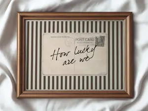 How Lucky Are We Wall Art – Vintage Postcard Quote Print, Coquette Brown Striped Aesthetic Poster