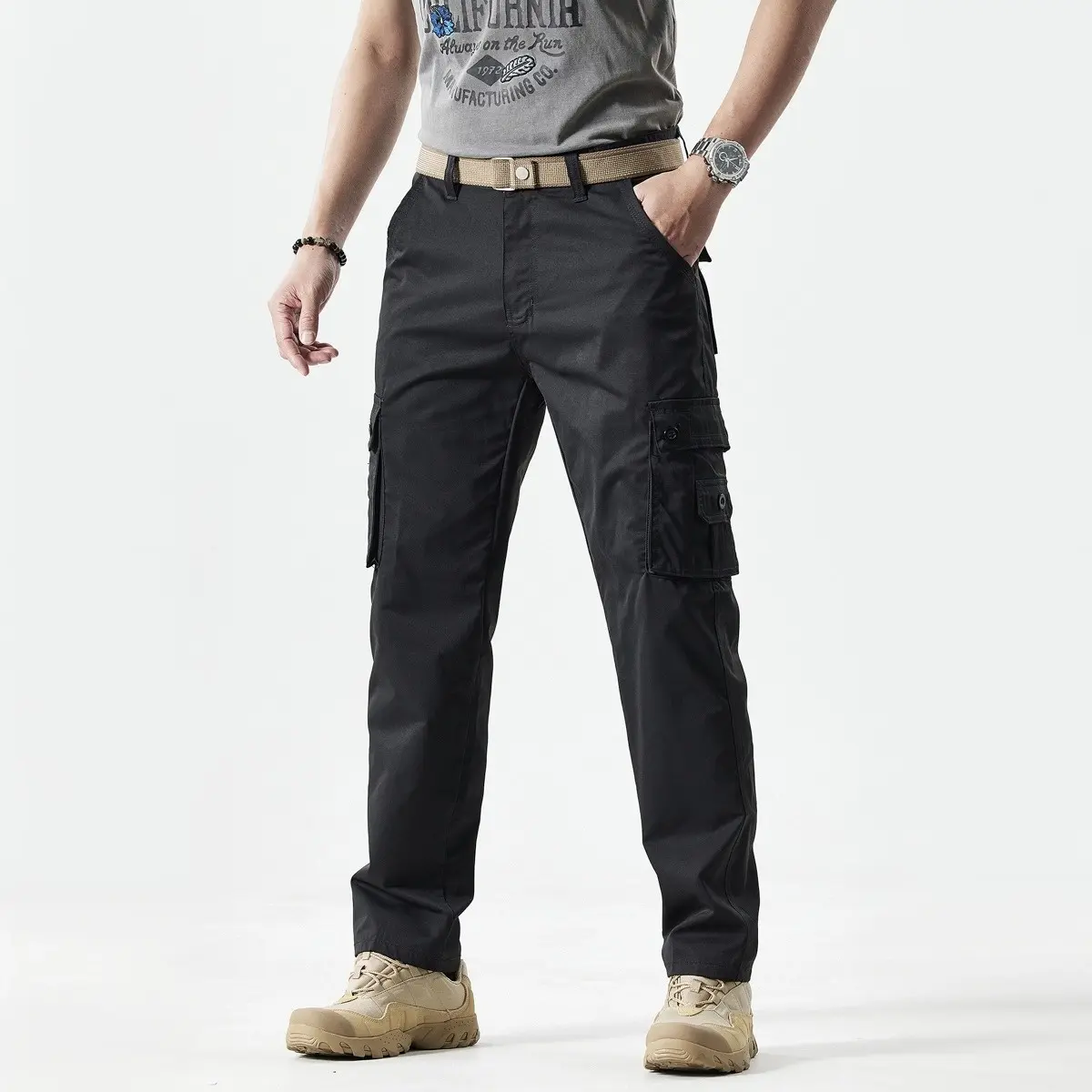 Men's Fitted Plain Solid-Color Straight-Leg Utility Khakis, Multi-Pocket Pants for Casual Everyday Wear, Ideal Father's Day Gift, All-Seasons Menswear Trousers